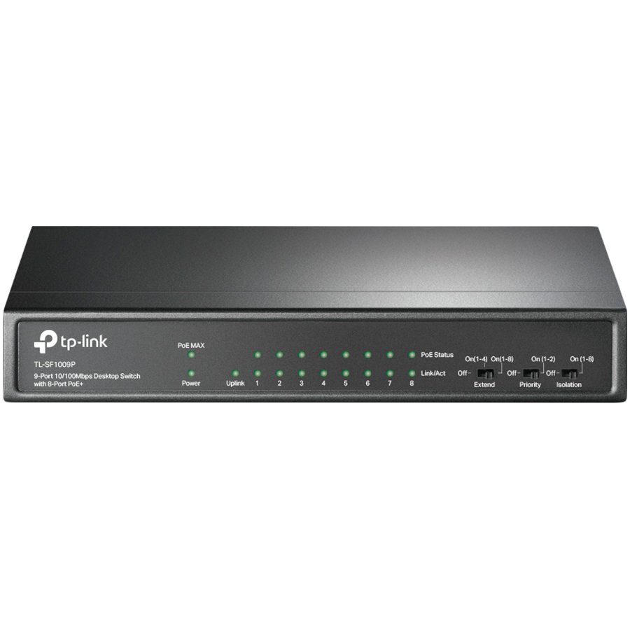 9-port 10/100Mbps unmanaged switch with 8 PoE+